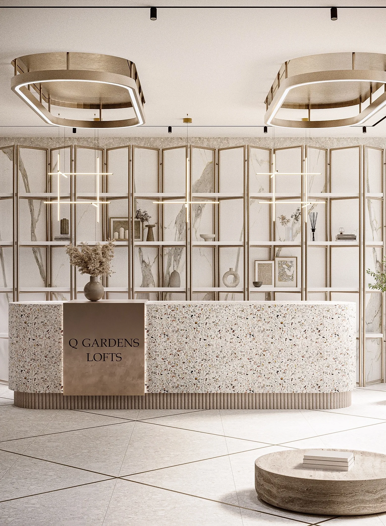 Стойка ресепшн с названием дома в вестибюле Q Gardens Lofts