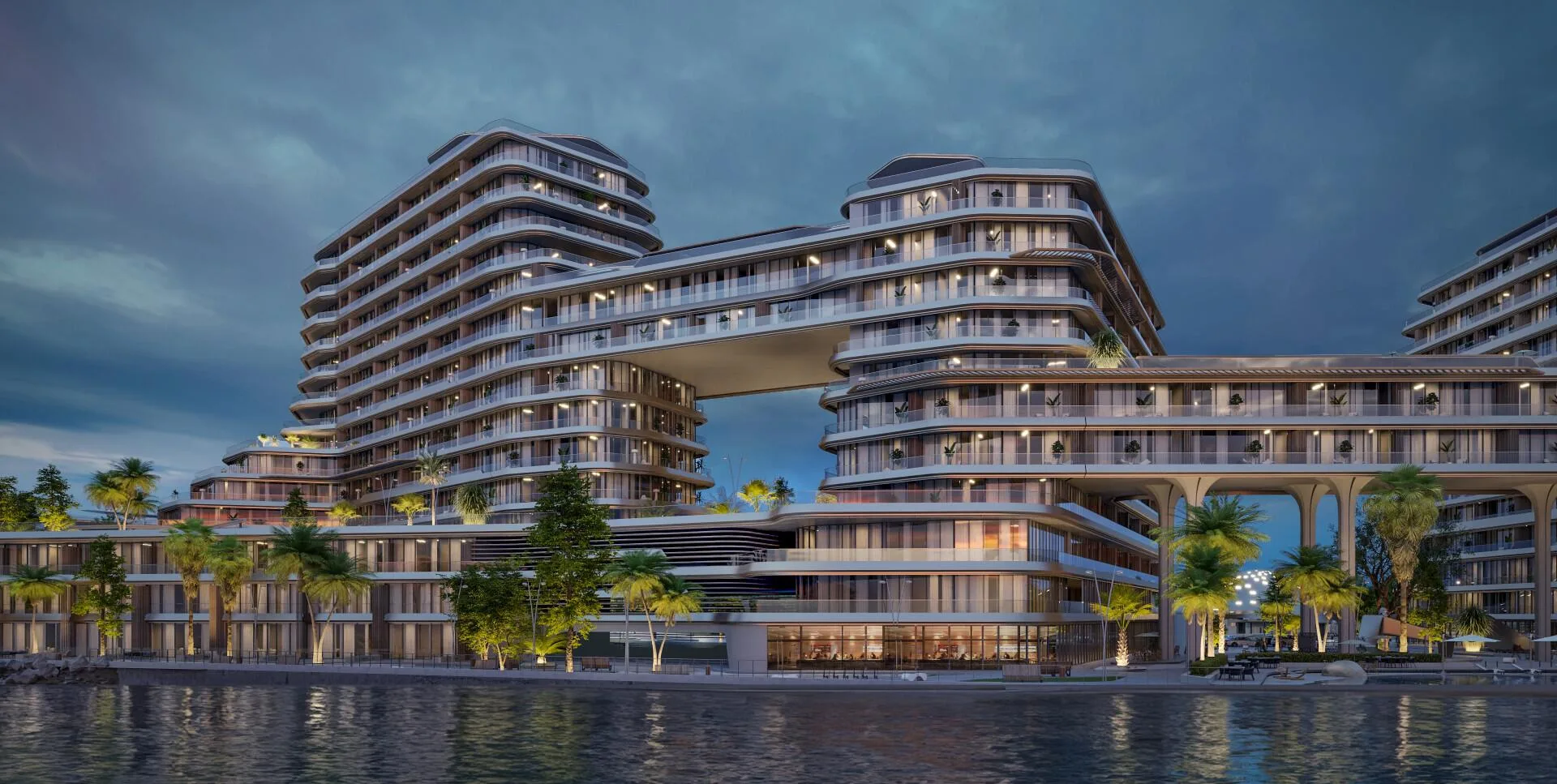 Мост между башнями Quattro Del Mar вечером