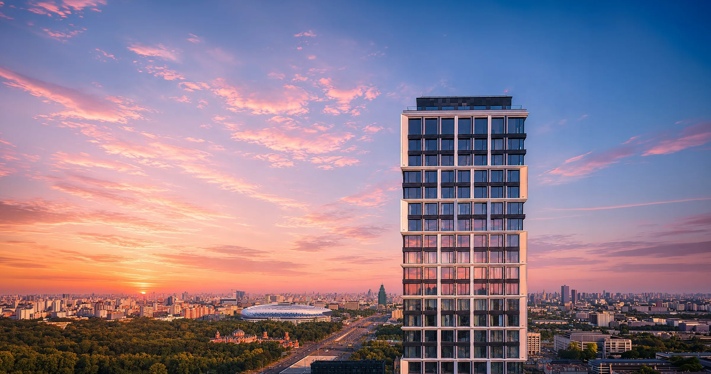 Queen Elizabeth Park Tower: башня квартала Prime Park на закате