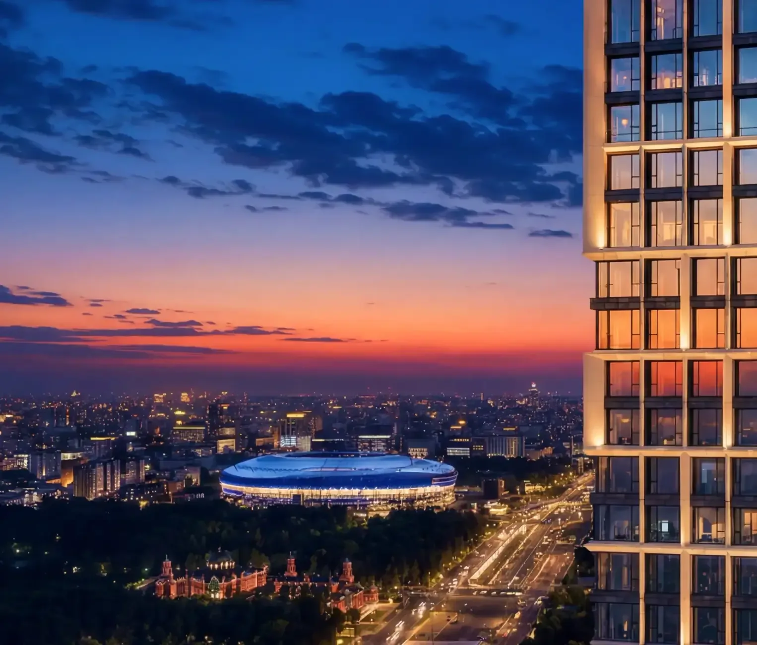 Queen Elizabeth Park Tower: вечерний вид из квартала Prime Park на стадион и город