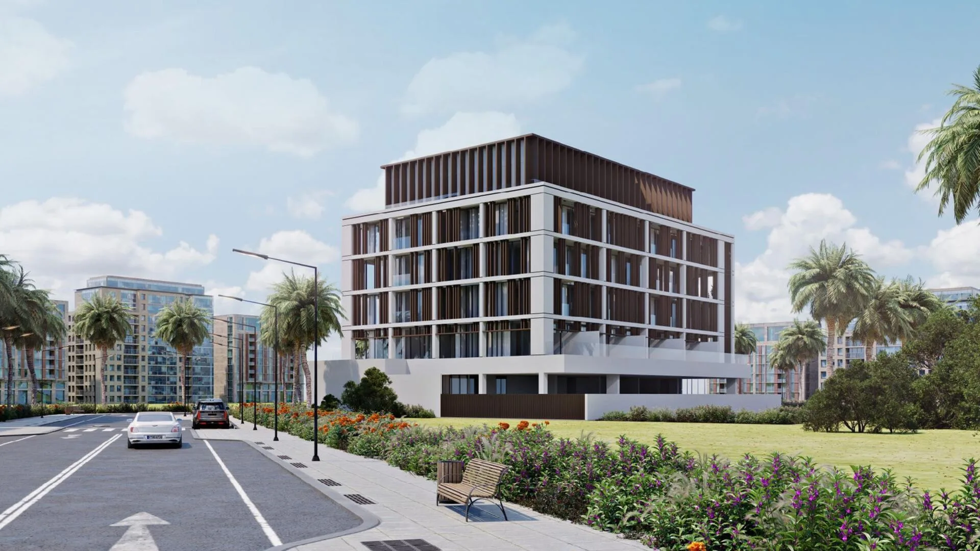 Rabdan Square у парка: газон, цветы и улица перед домом