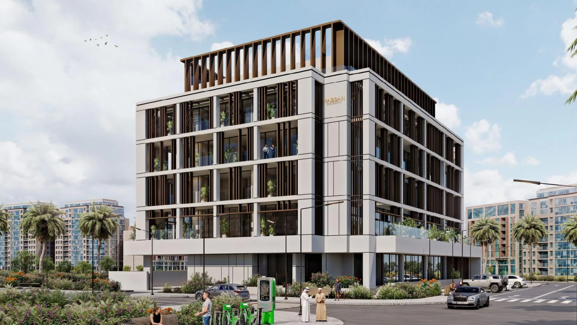Rabdan Square с улицы: вход, зелень и зарядка для электромобилей