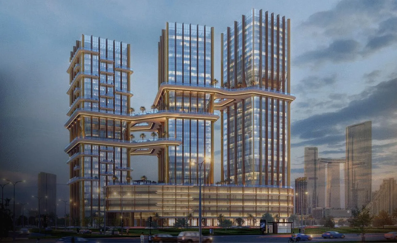 Визуализация Radiant Bridges Towers в сумерках