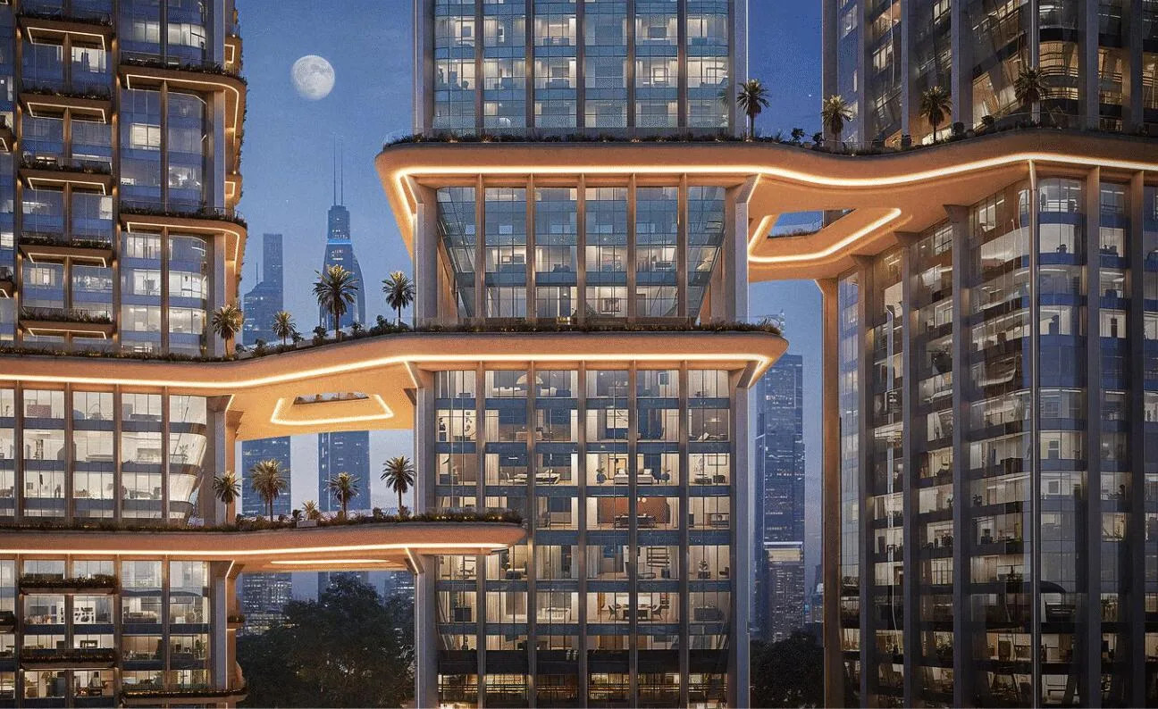 Визуализация Radiant Bridges Towers вечером