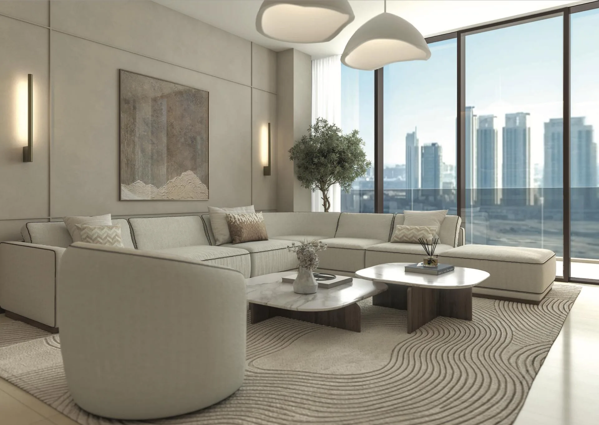 Гостиная в Radiant Terrace: светлая мебель и окна во всю стену