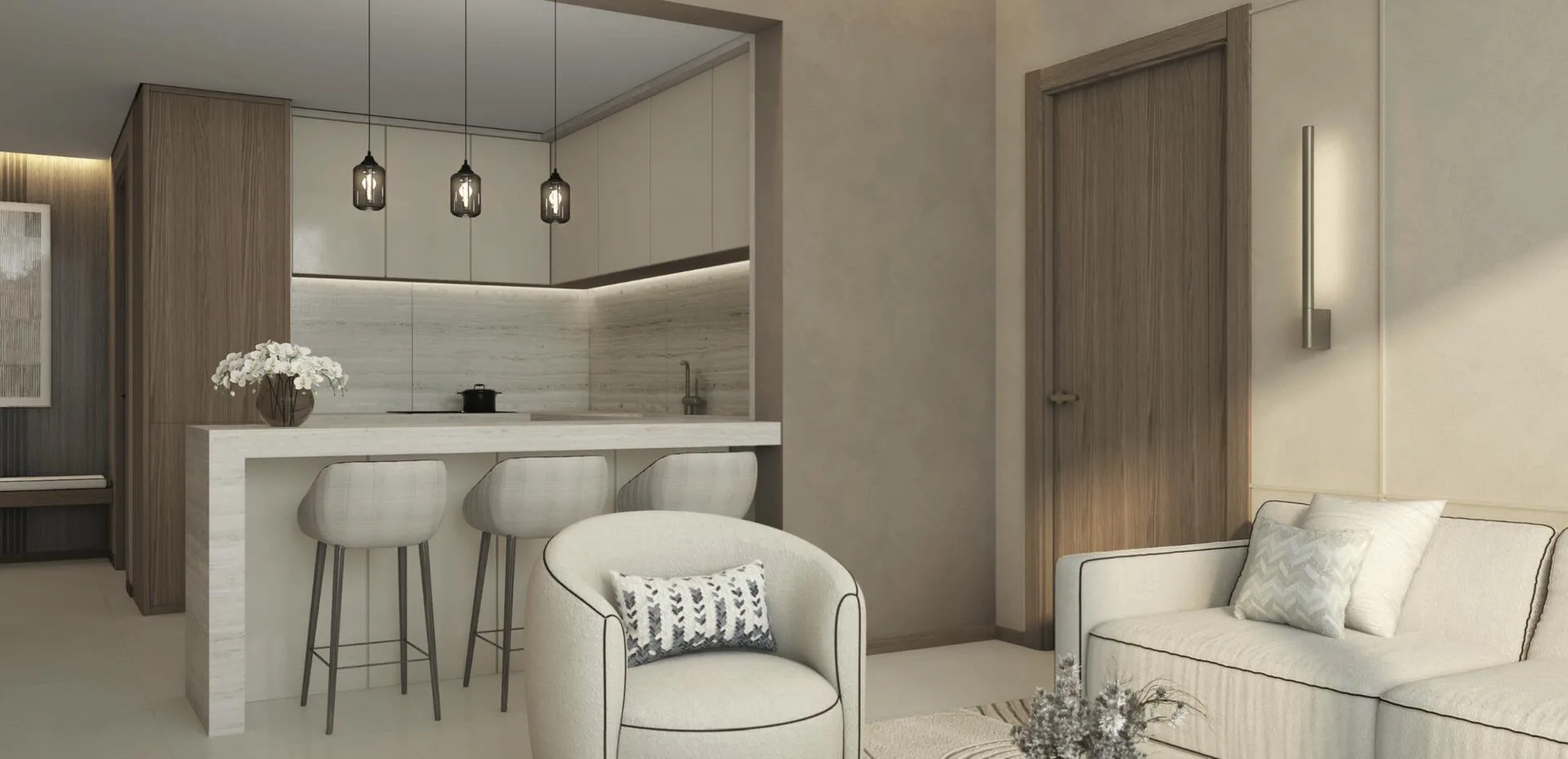Кухня с барной стойкой и гостиная в Radiant Terrace