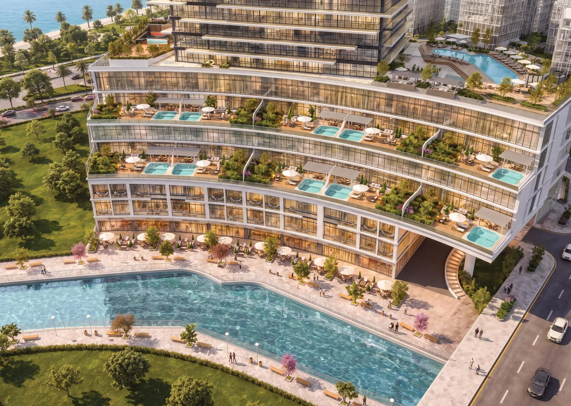 Подиум Radiant Terrace днём: террасы с бассейнами над каналом