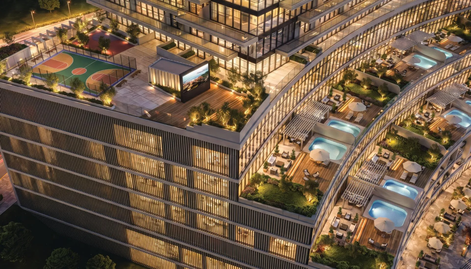 Подиум Radiant Terrace сверху ночью: спортивная площадка и террасы с бассейнами