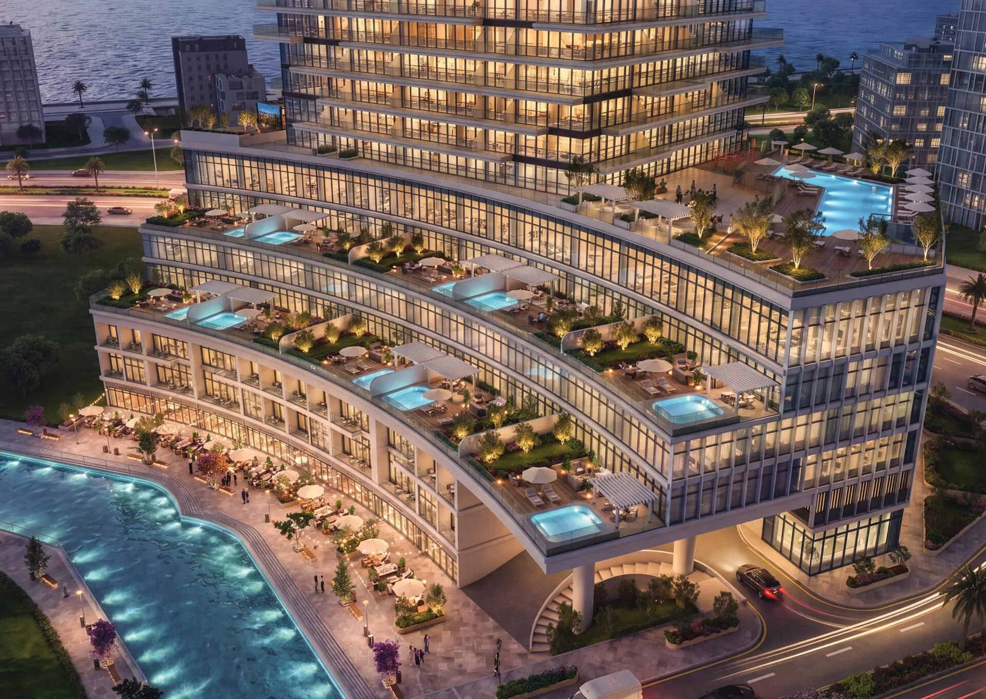 Подиум Radiant Terrace вечером: подсвеченные террасы у воды