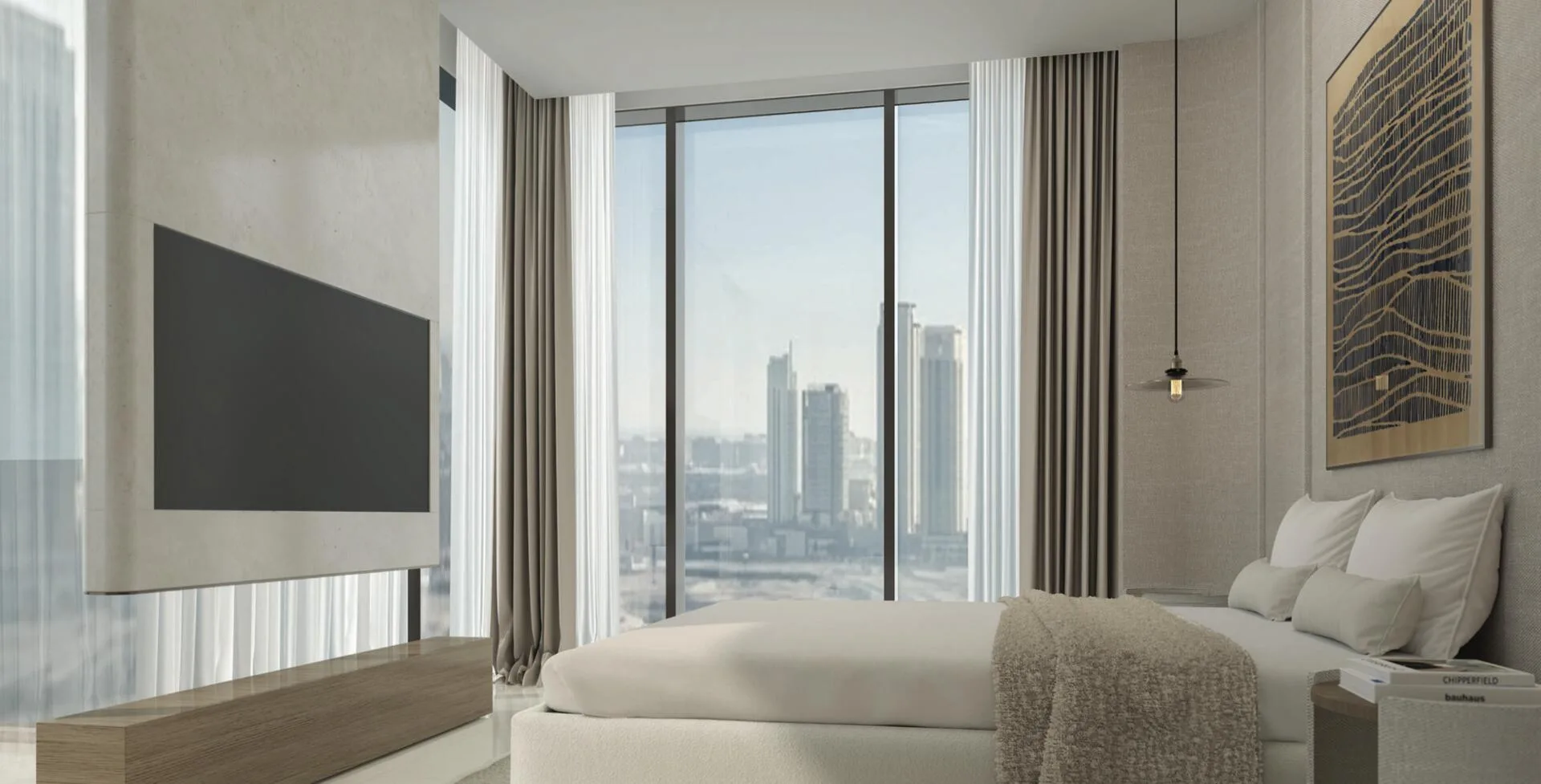 Спальня в Radiant Terrace: окно от пола до потолка и вид на город