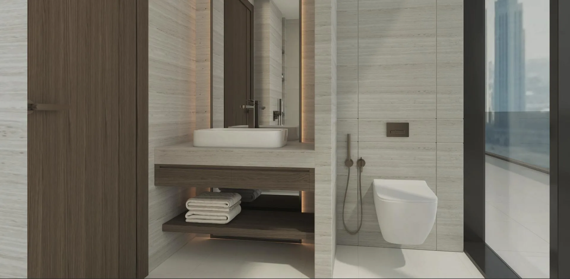 Ванная в Radiant Terrace: светлый камень и дерево