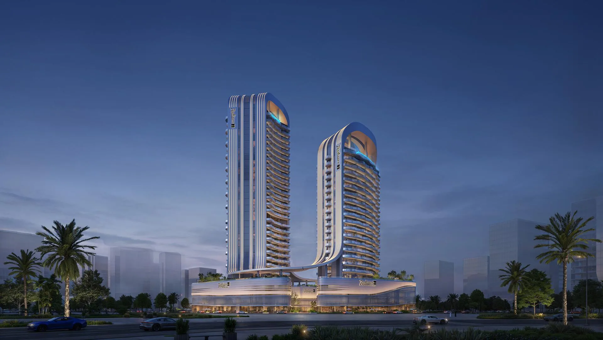 Башни Radisson Blu RAK Central ночью