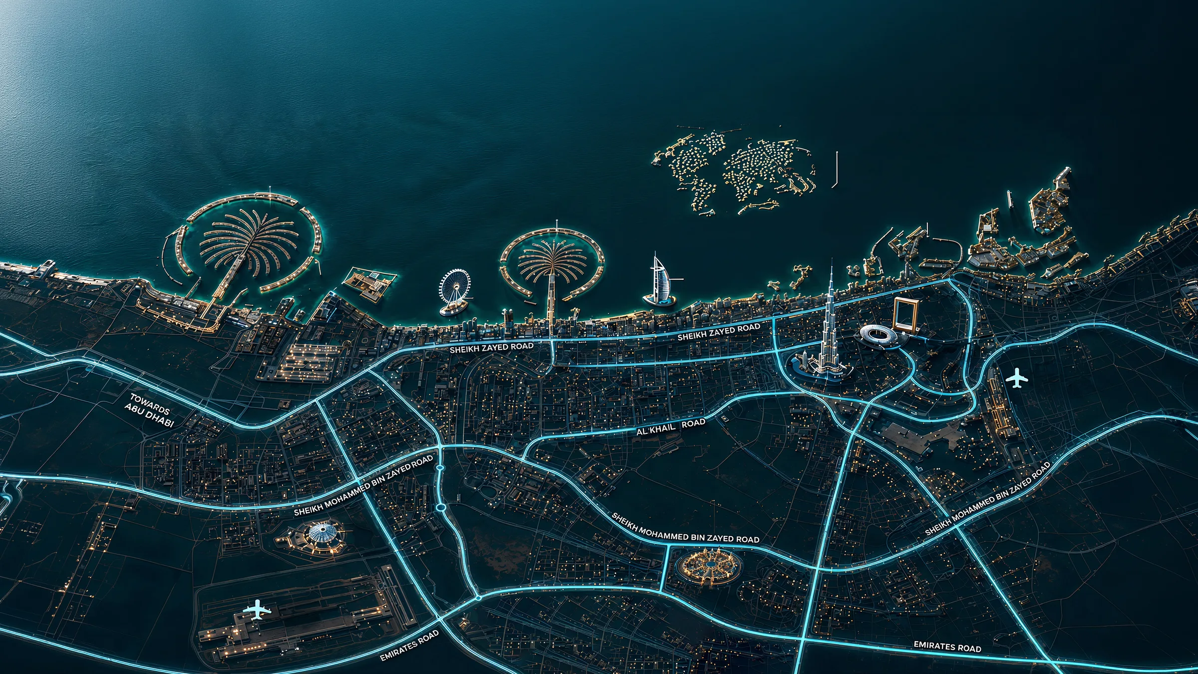 Карта Дубая с REEF 995 и временем в пути до Global Village, Dubai Mall и Palm Jumeirah