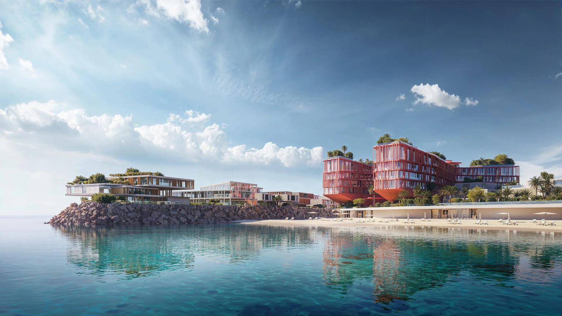 Визуализация: песчаный пляж Mira Coral Bay и дома на берегу