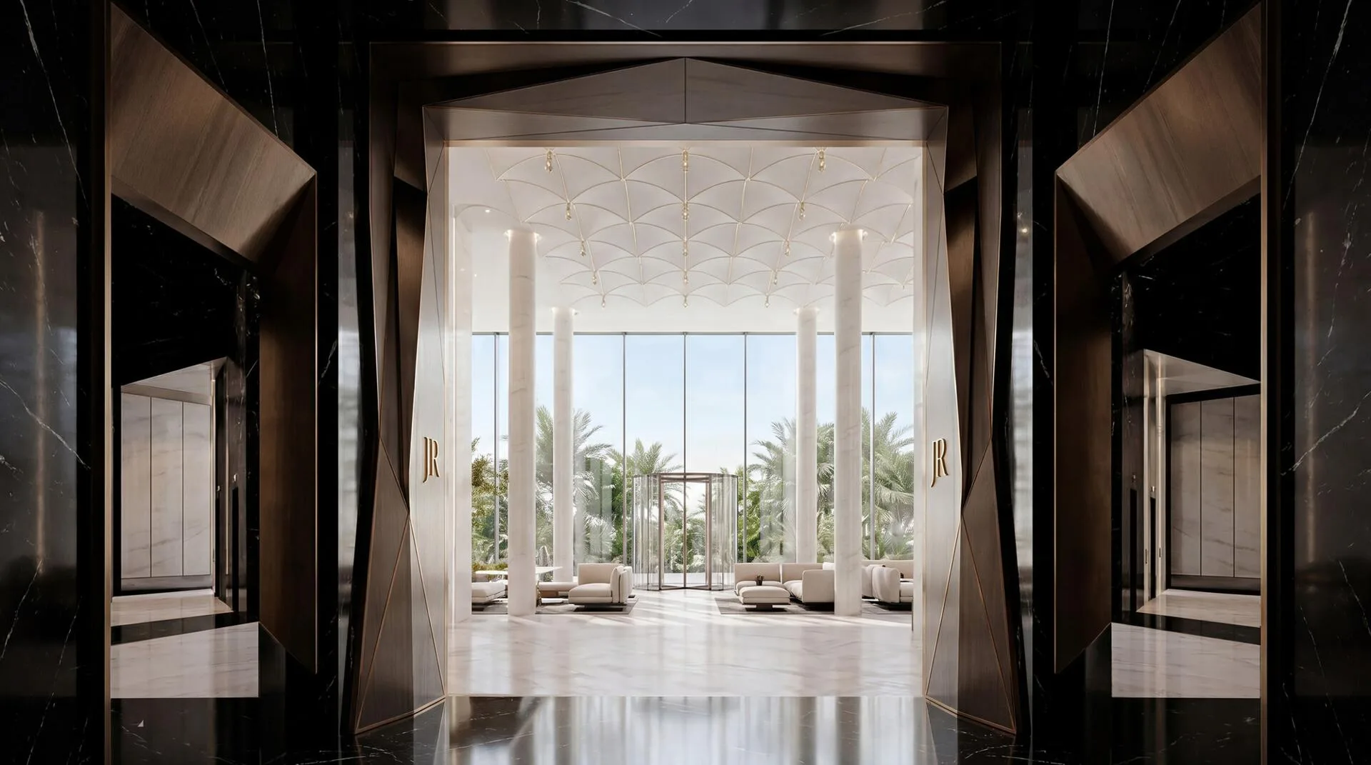 Вход в лобби Richmond Residences с монограммой JR