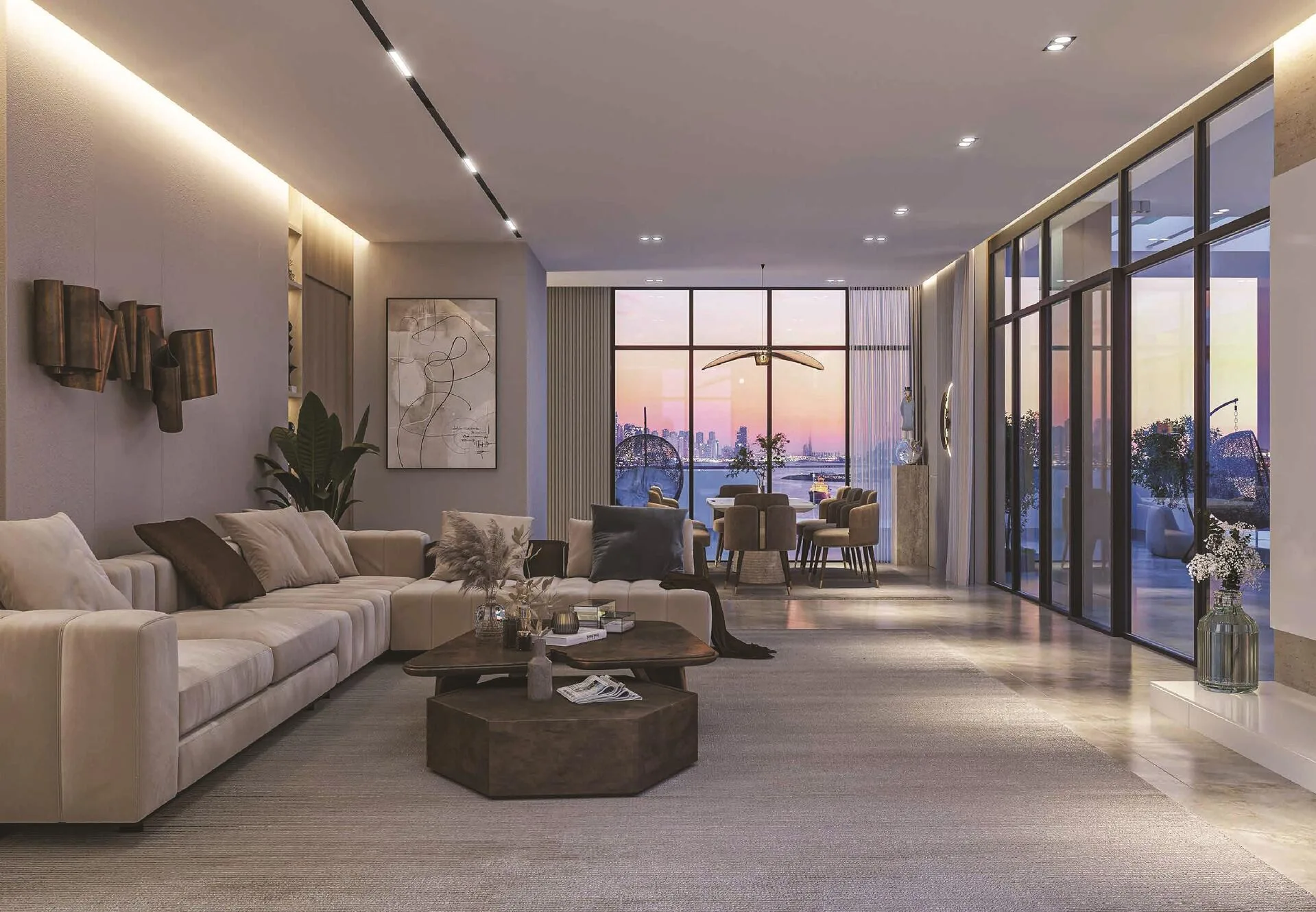 Гостиная в Riva Residence на закате, за окном город и вода