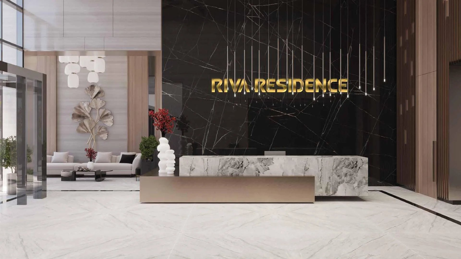 Лобби Riva Residence: стойка и тёмная стена с именем дома