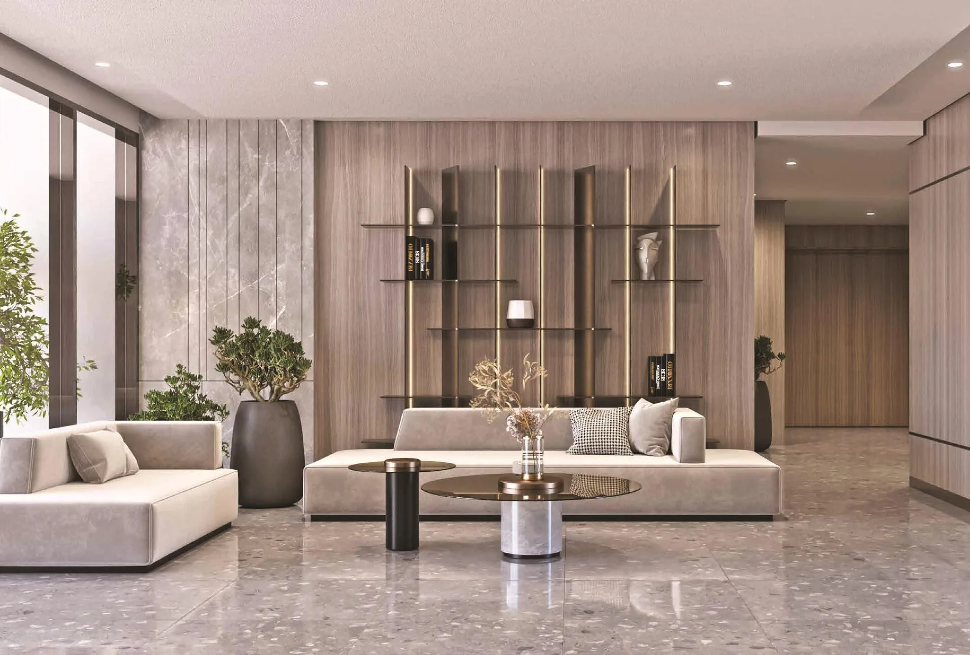 Лаунж Riva Residence: диваны, светлый пол и полки