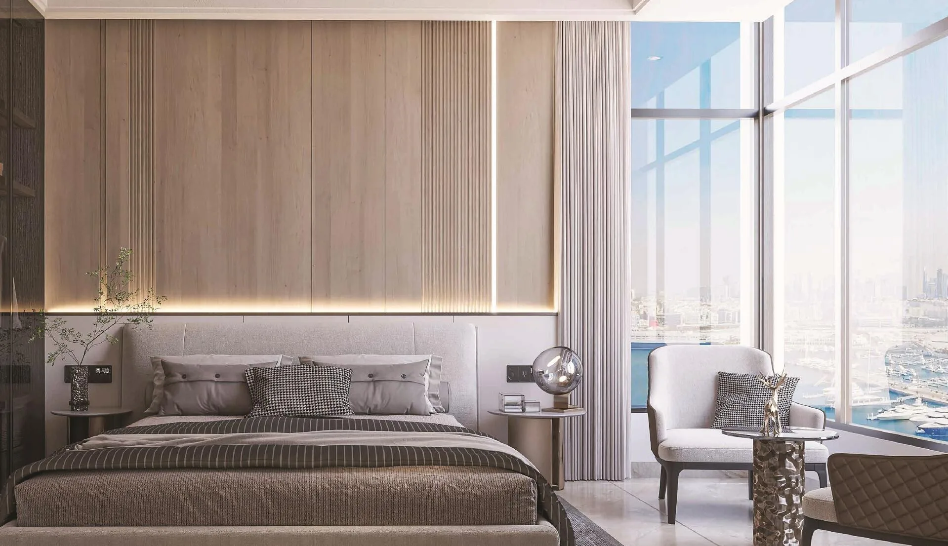 Спальня Riva Residence с окном во всю стену на город