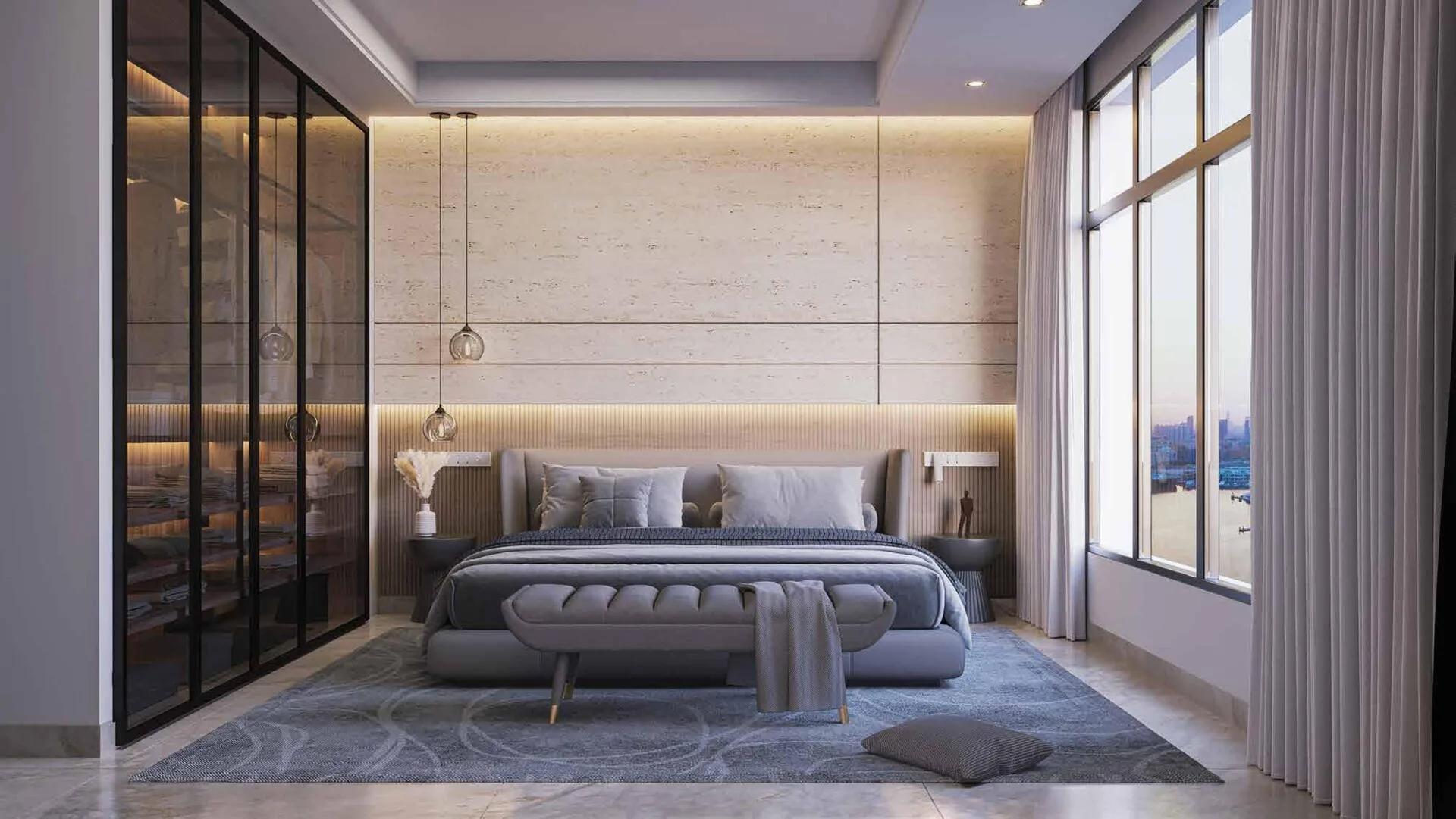 Спальня в Riva Residence: светлая стена с подсветкой и подвесные лампы