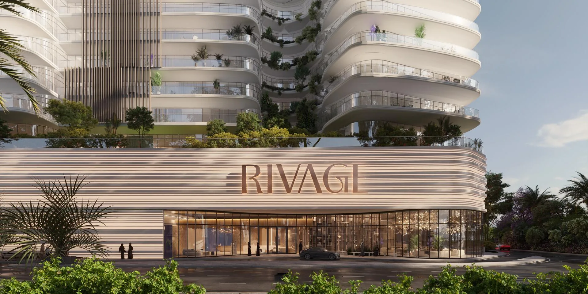 Главный вход Rivage: стеклянное лобби под подиумом с именем дома