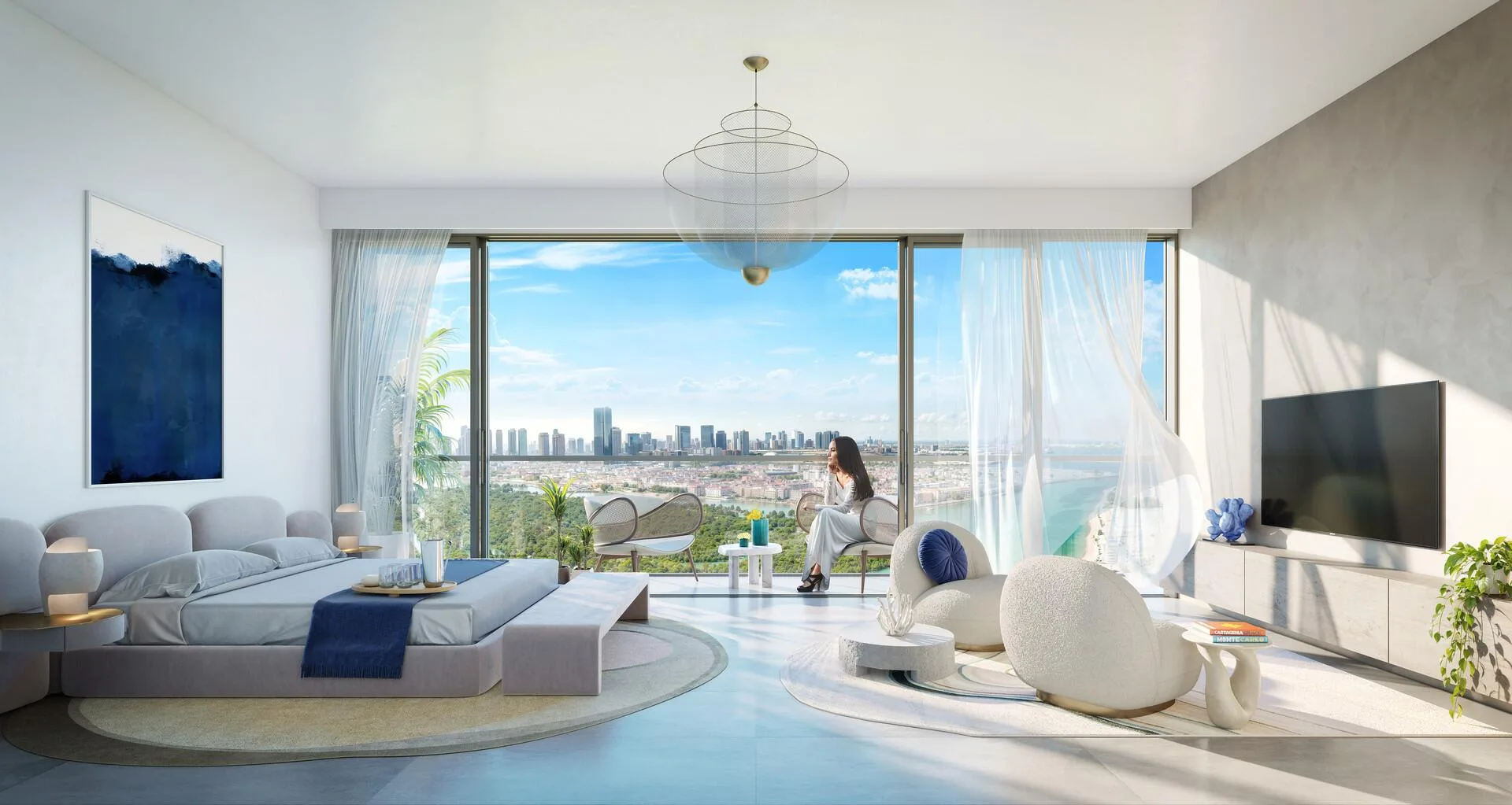 Спальня Sky Villa с окном в пол и видом на город и воду