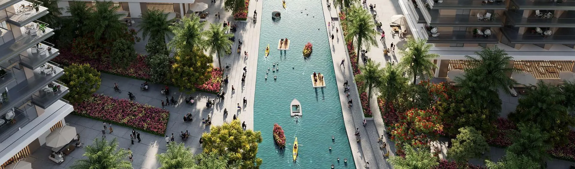 Вода между корпусами Riverside Views сверху: набережные и зелень