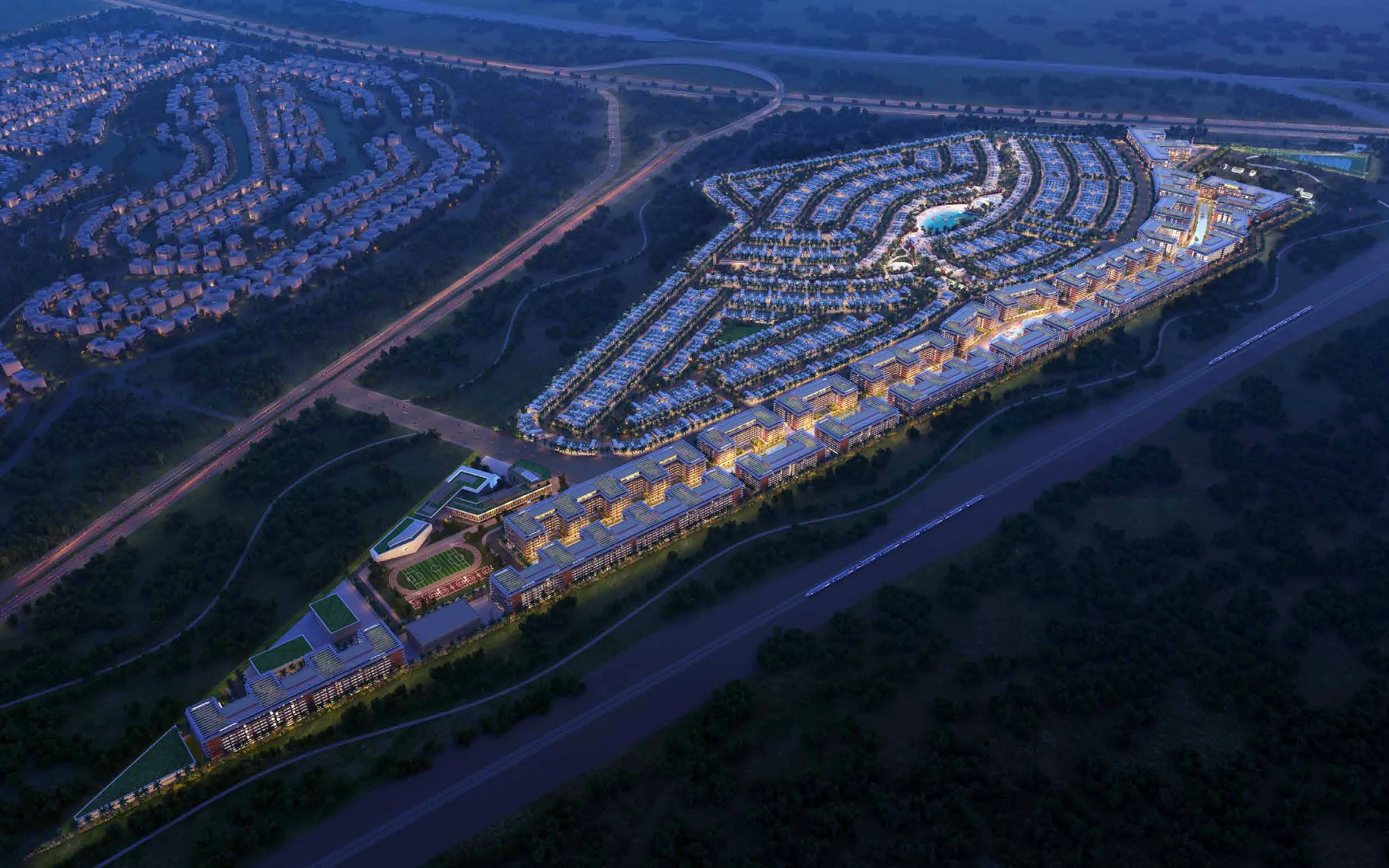 Квартал Riverside Views ночью с высоты