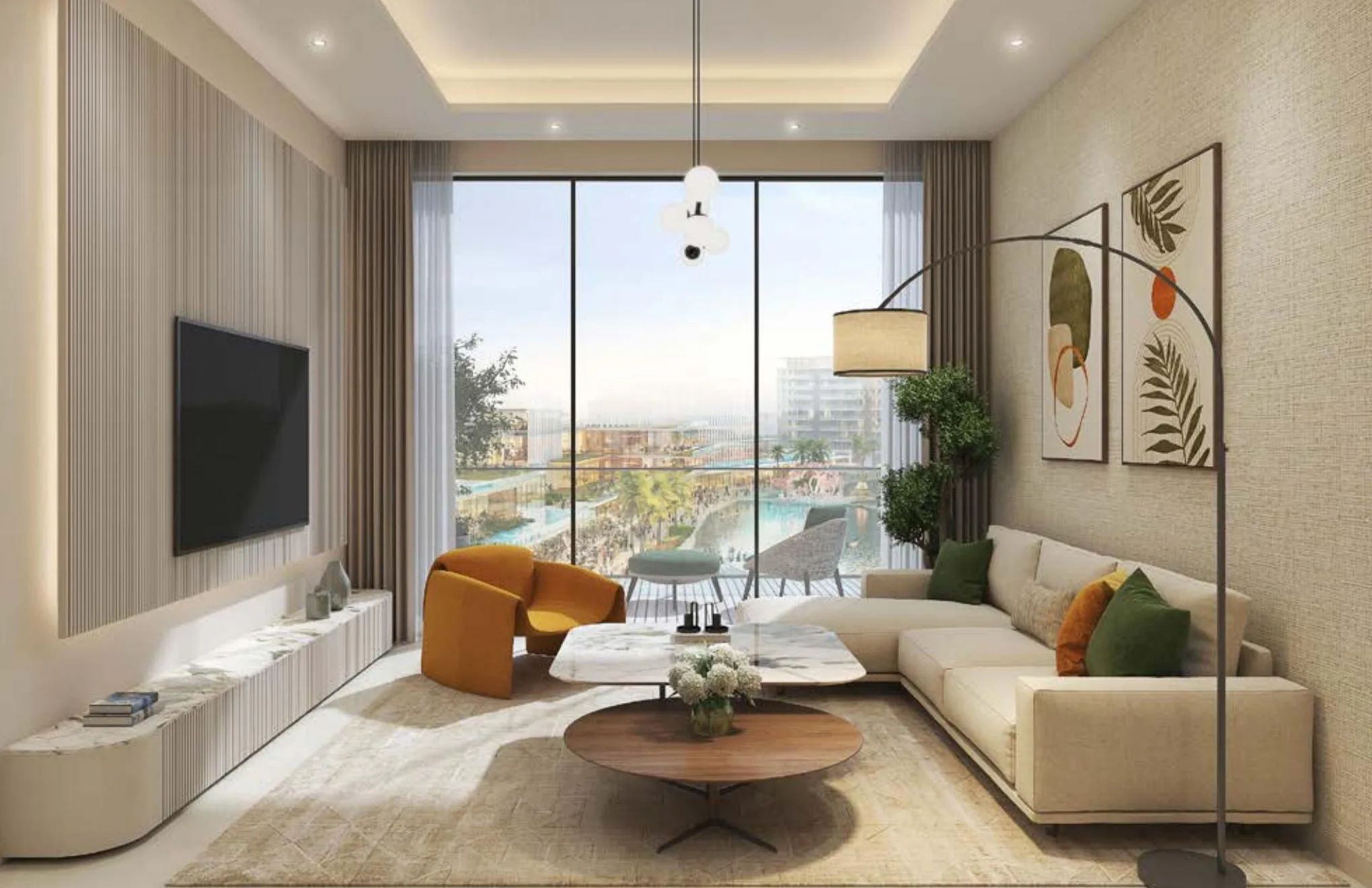 Гостиная Riverside Views с панорамным окном на квартал