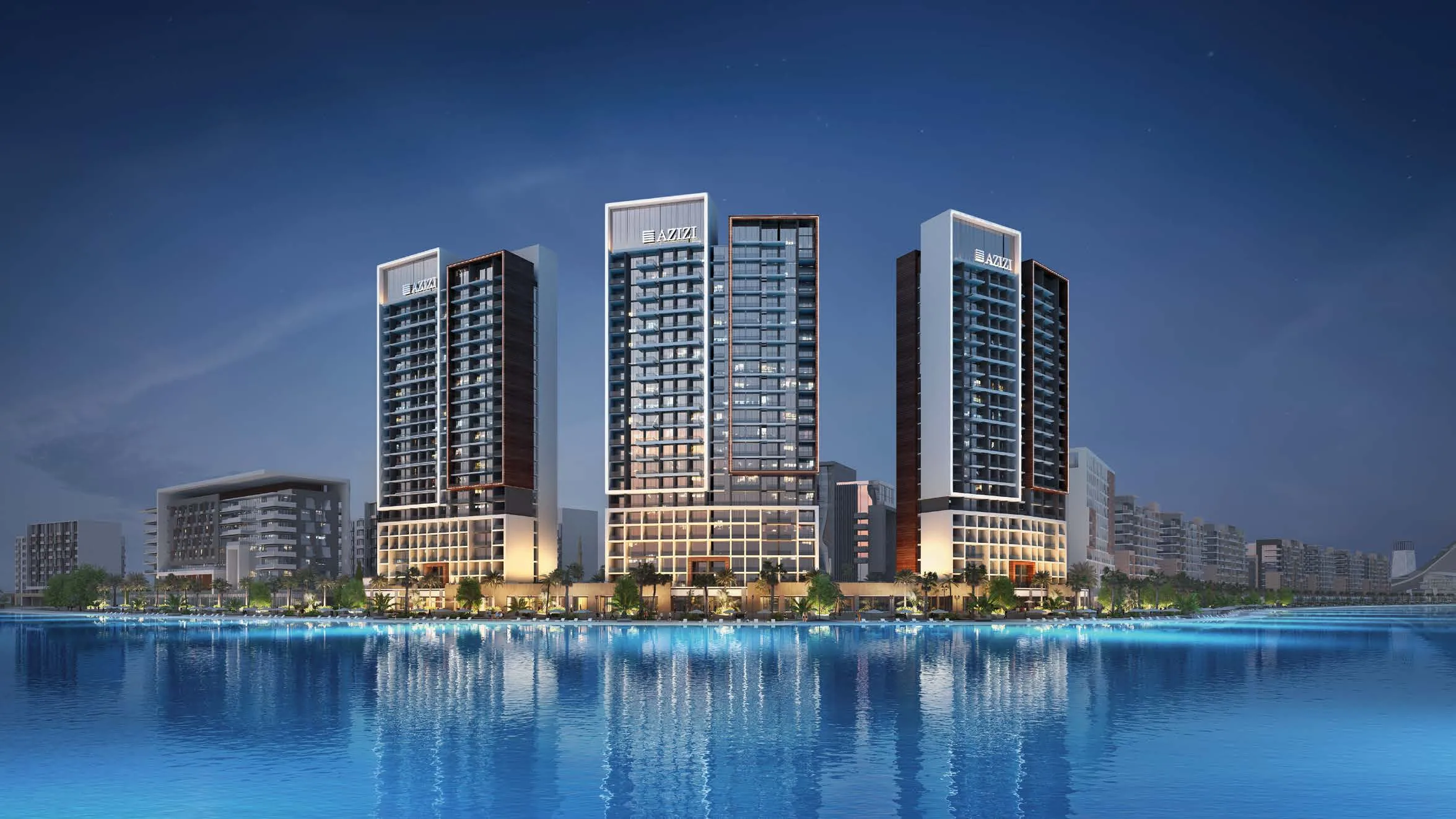 Башни Riviera Beachfront вечером, отражение в лагуне