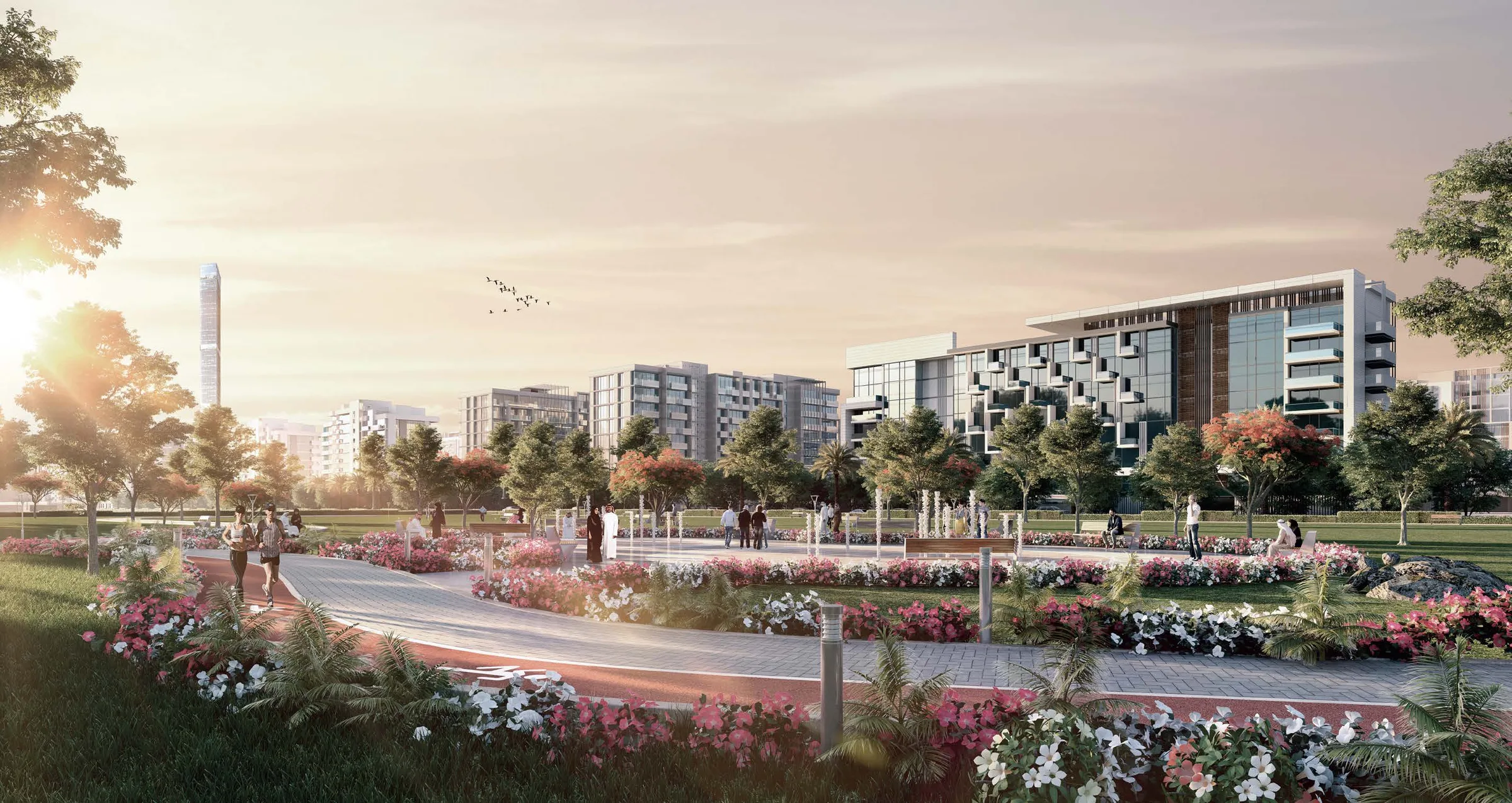 Парк с цветниками и дорожками в квартале Riviera
