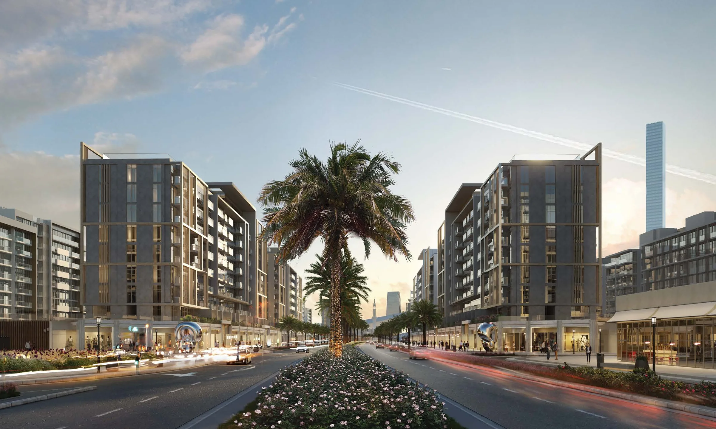 Улица квартала Riviera с пальмами по центру