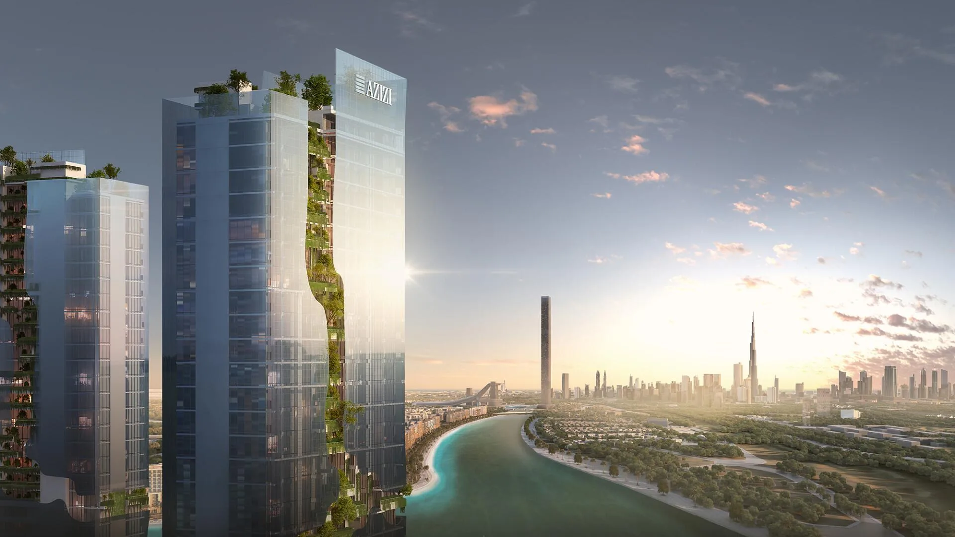 Башня Riviera Rêve у изгиба лагуны, на горизонте небоскрёбы центра Дубая