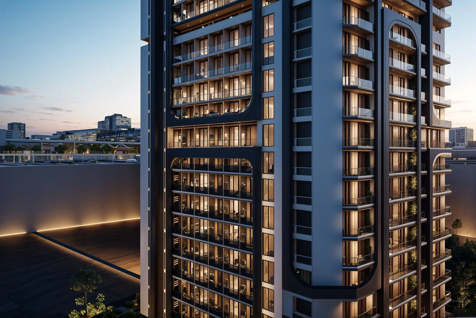 Визуализация: балконы Rockhill Tower в сумерках