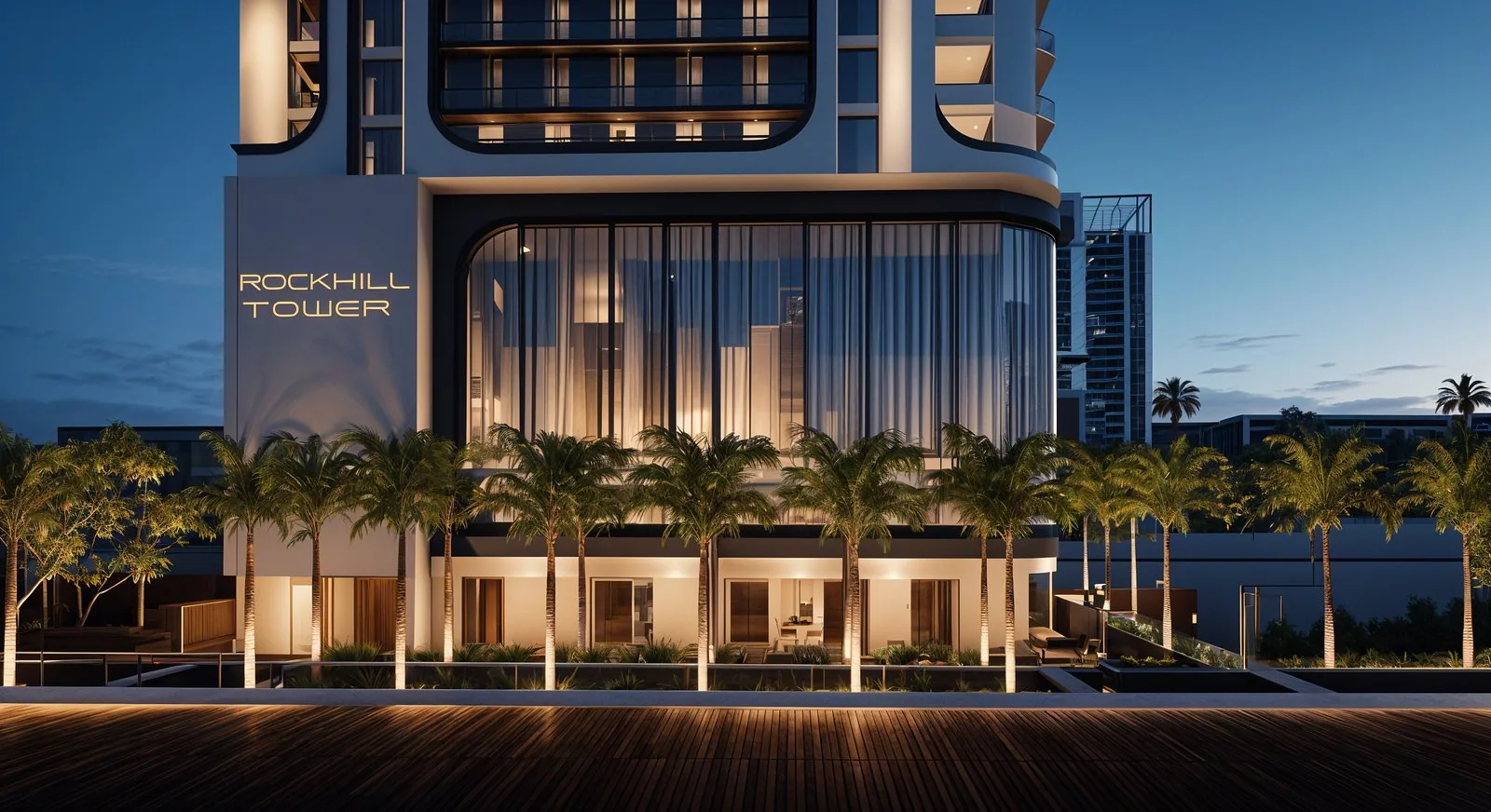 Визуализация: Rockhill Tower вечером с пальмами у основания
