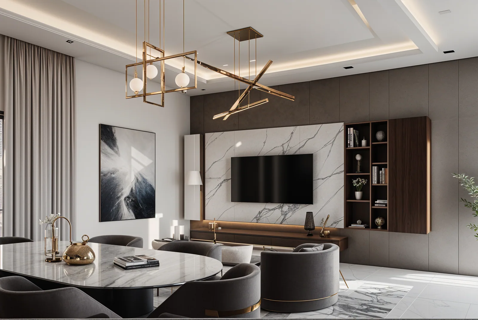 Визуализация: гостиная с мраморной стеной в квартире Rockhill Tower
