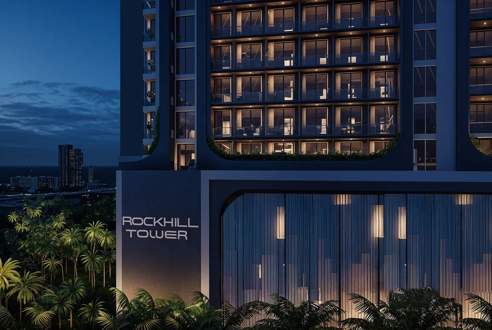 Визуализация: фасад Rockhill Tower ночью с подсвеченными рамами
