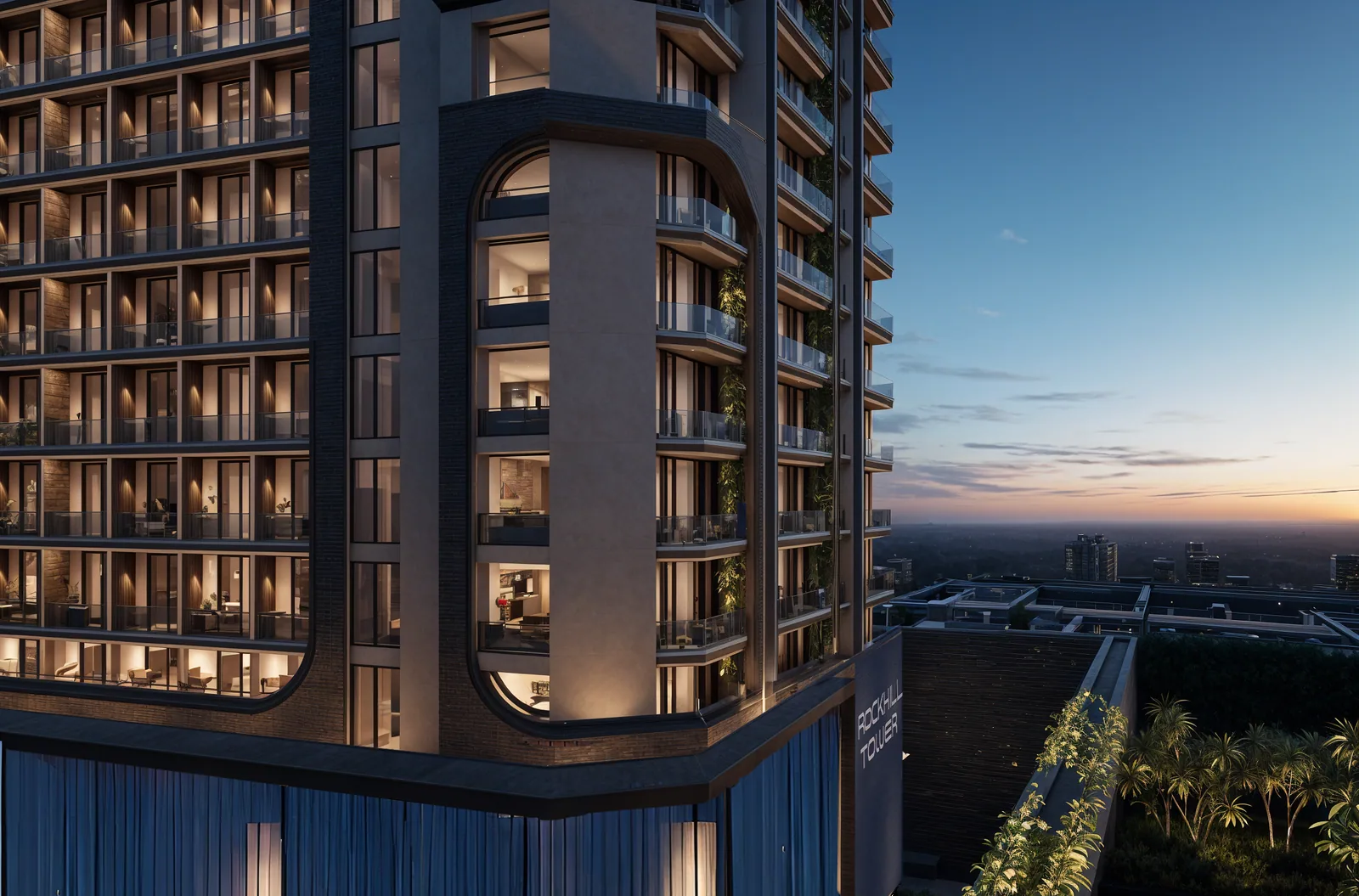Визуализация: Rockhill Tower на закате и район Al Alia