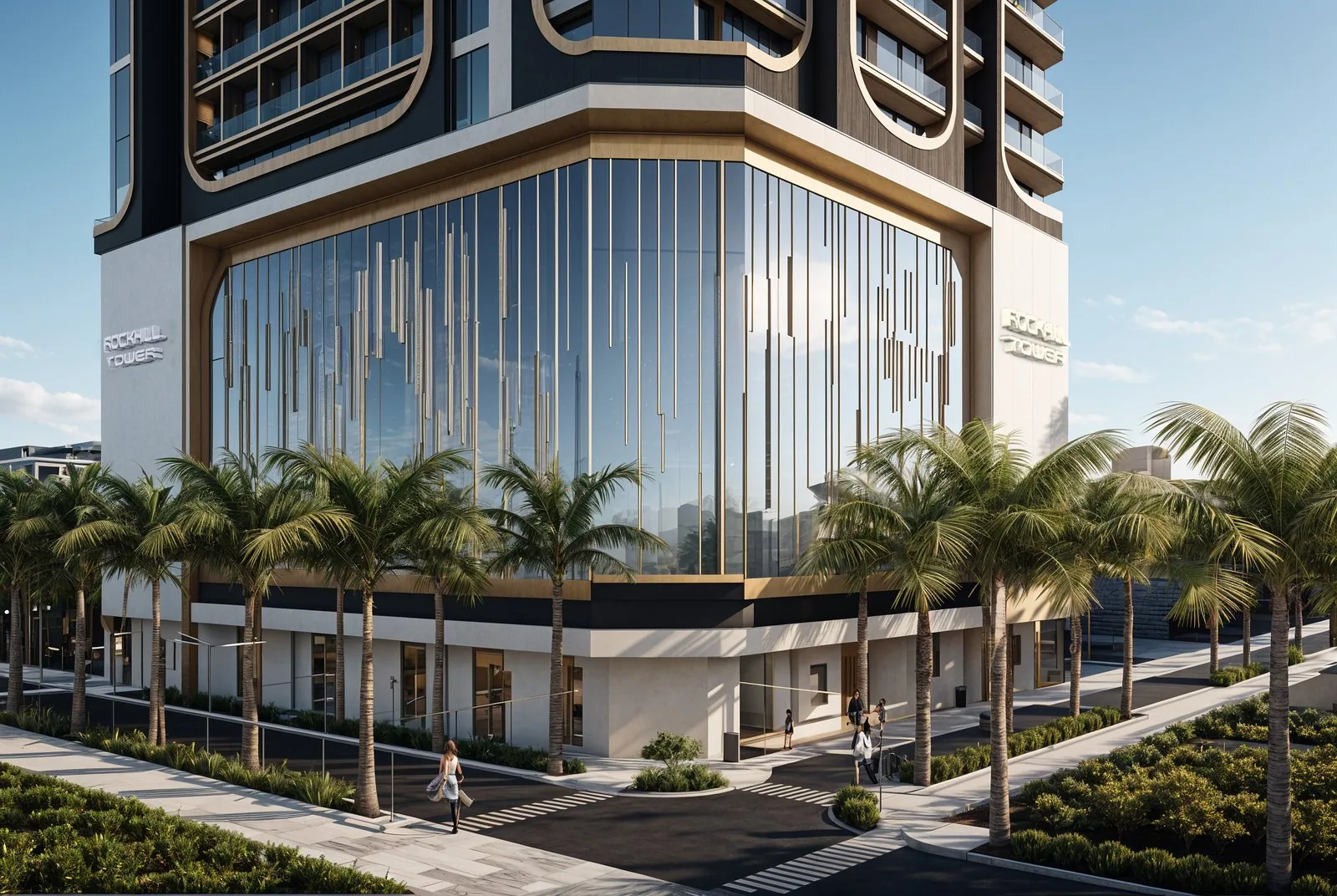 Визуализация: основание башни Rockhill Tower с пальмами и стеклянным фасадом