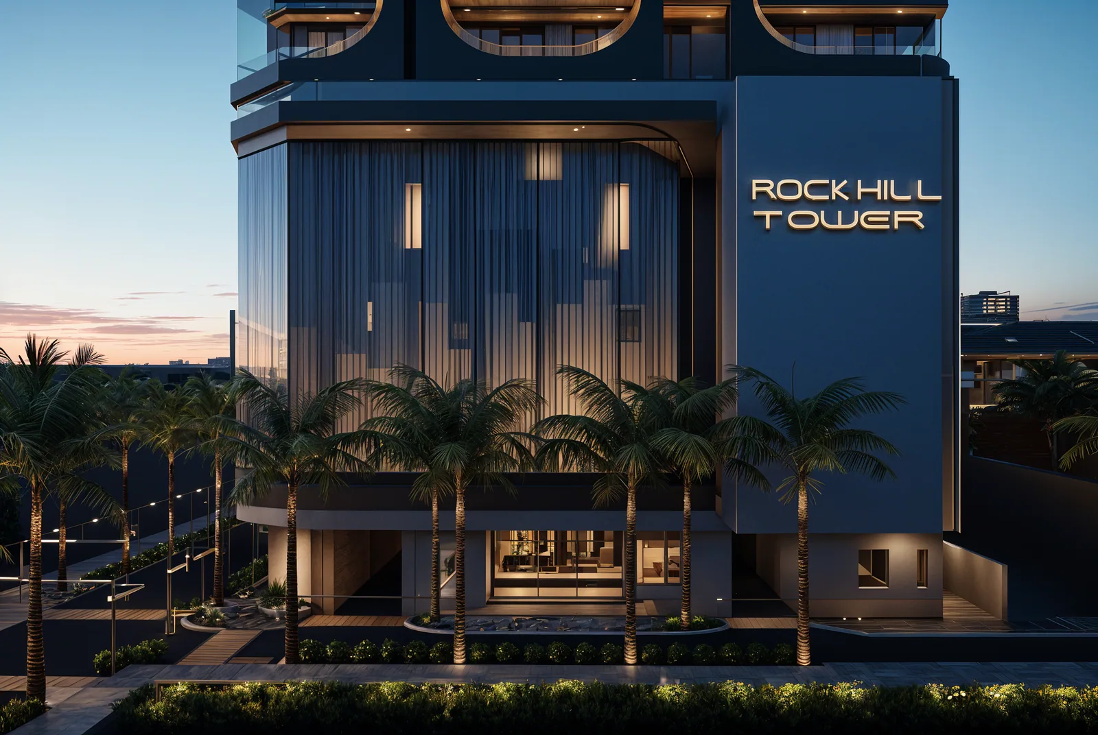 Визуализация: вход в Rockhill Tower вечером