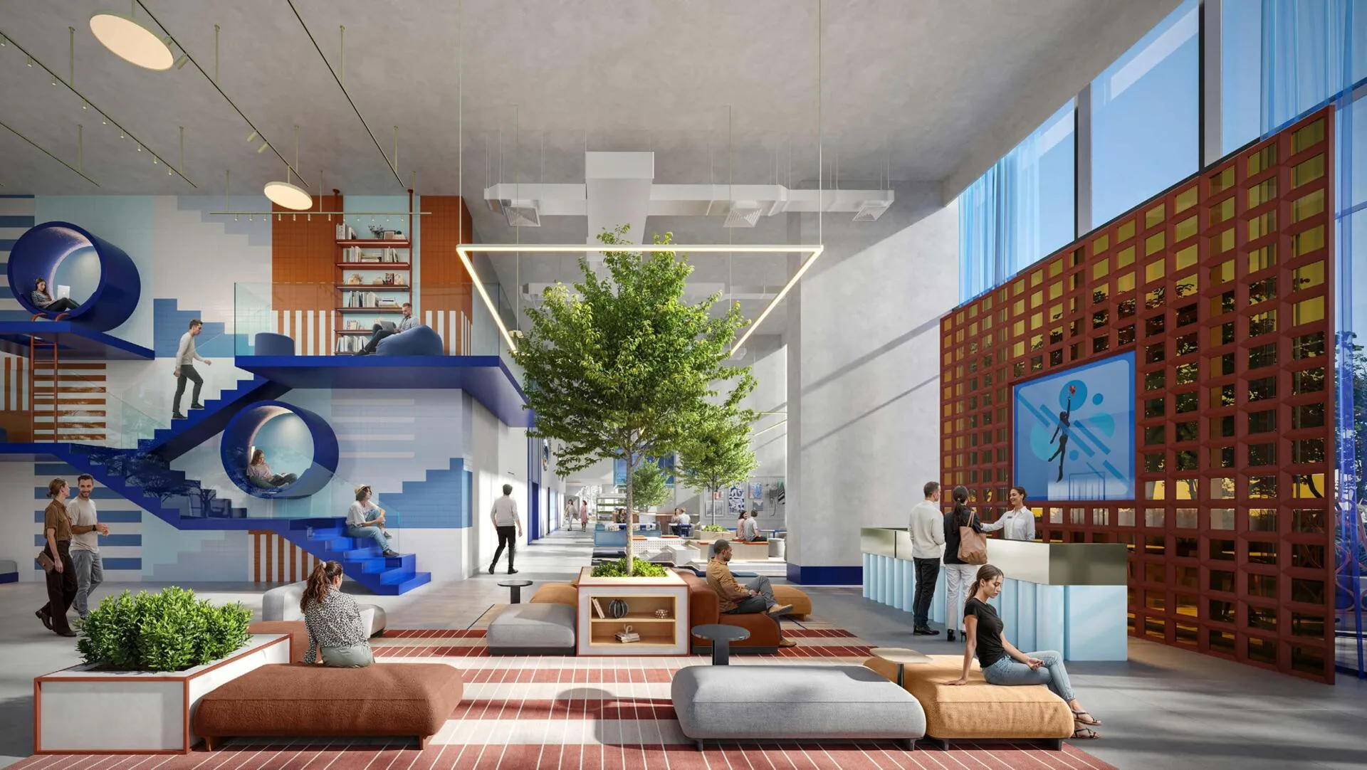 Лобби Rove Home: синяя лестница, круглые ниши и стойка ресепшена