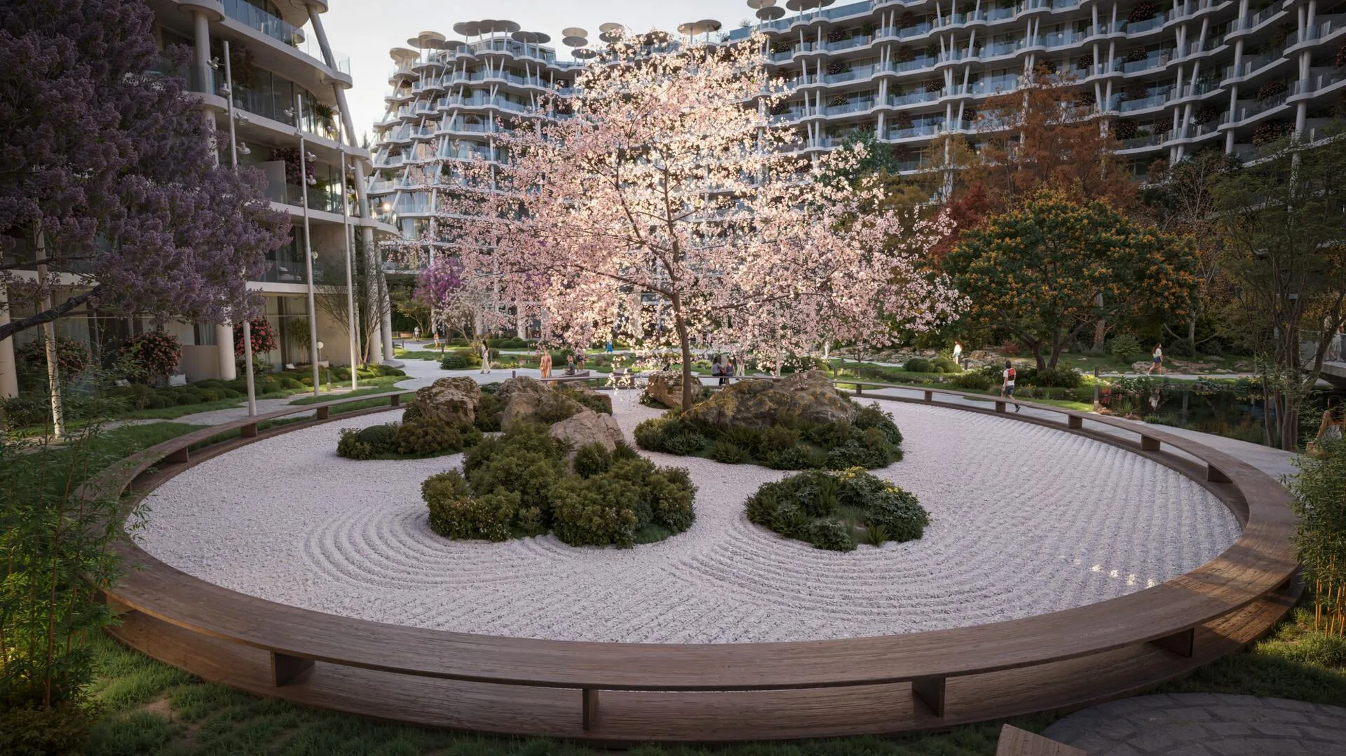 Круглый дзен-сад с цветущим деревом в Sakura Gardens