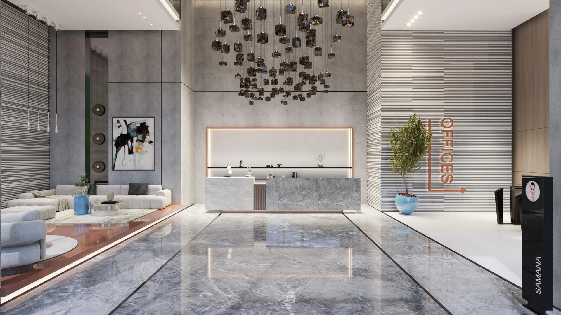 Лобби Samana Barari Avenue: стойка из серого камня и указатель к офисам