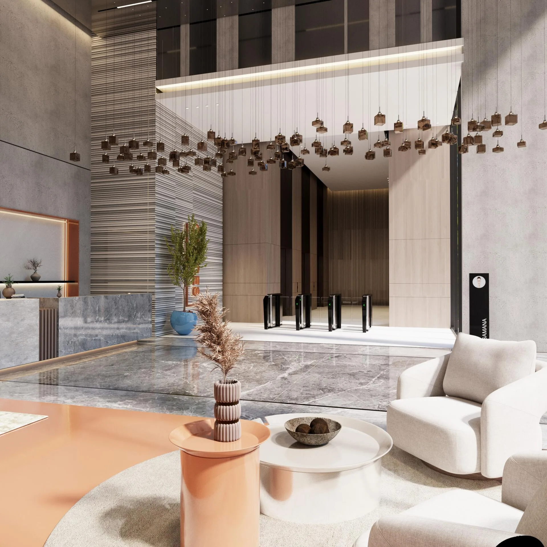 Лобби Samana Business Park с турникетами у входа в офисы