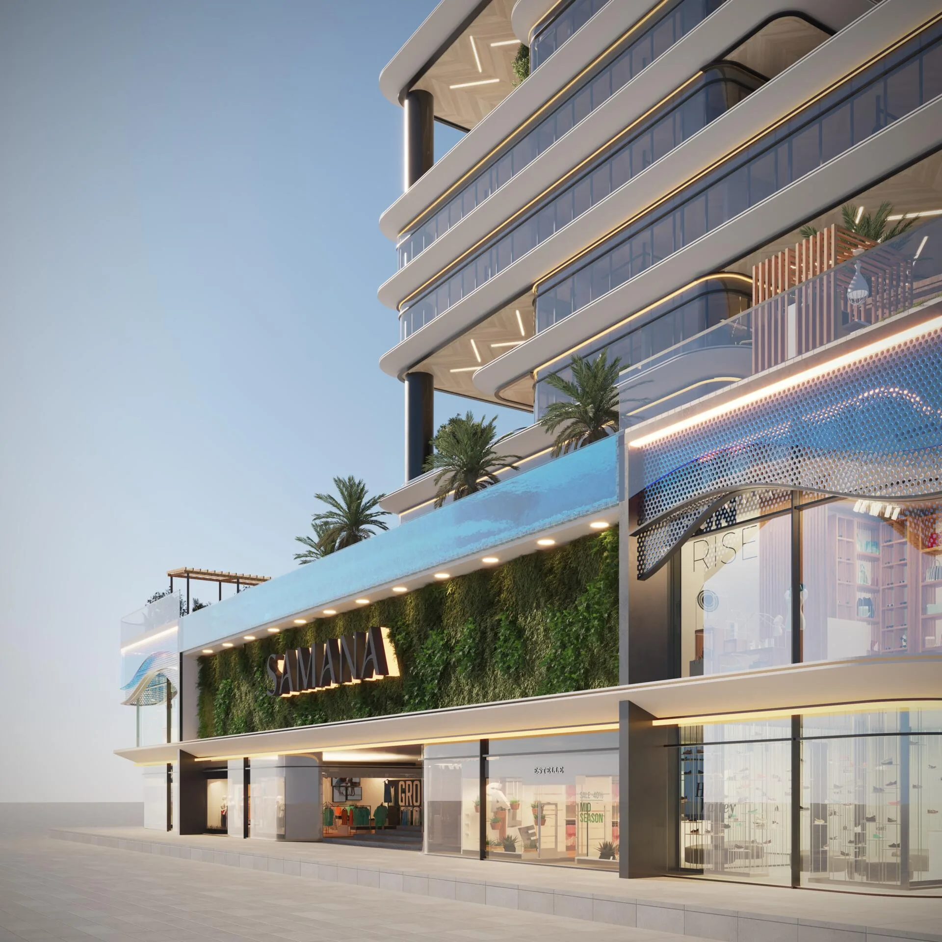 Витрины и вход в Samana Business Park с вертикальным садом