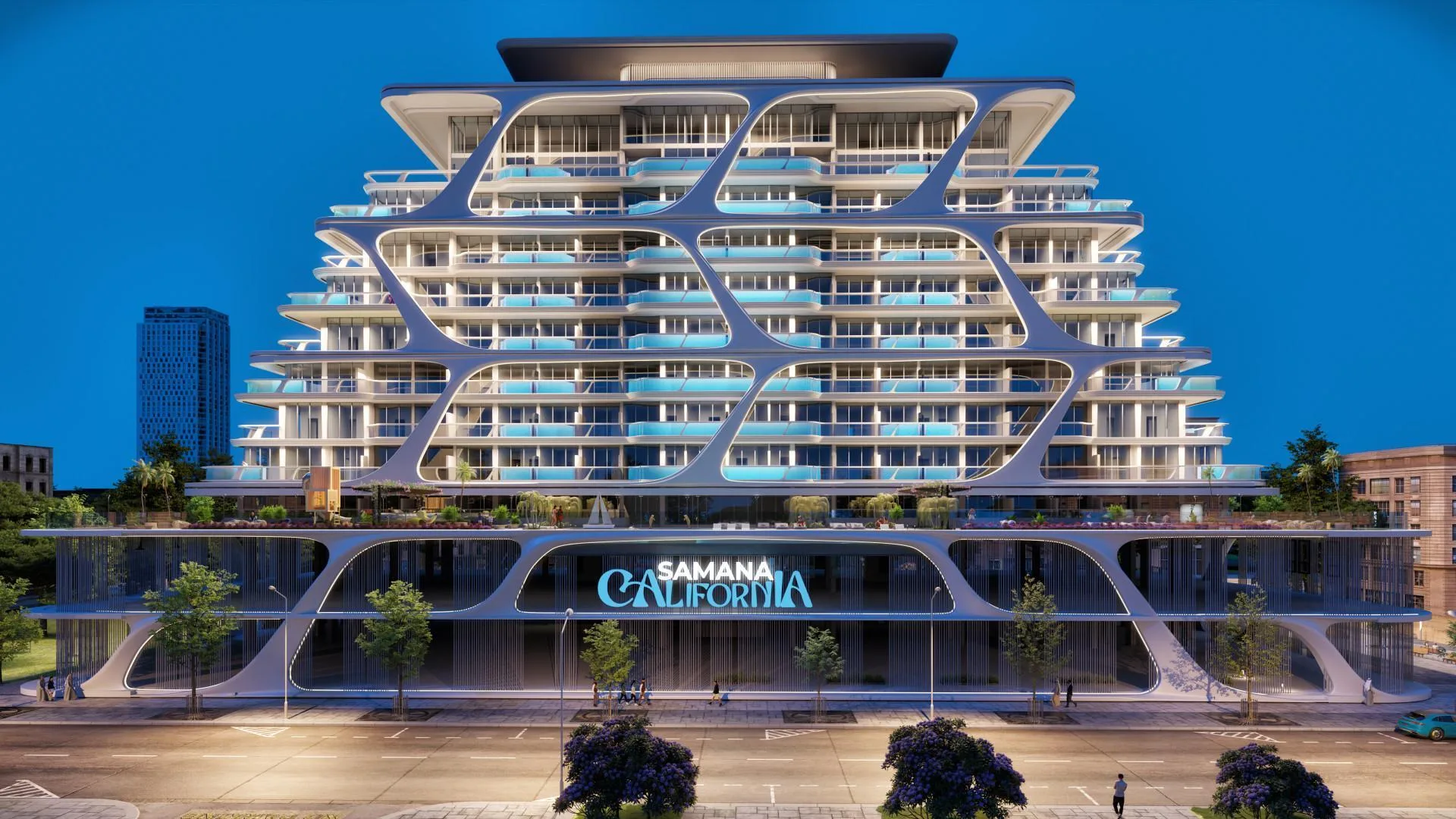Фасад Samana California вечером