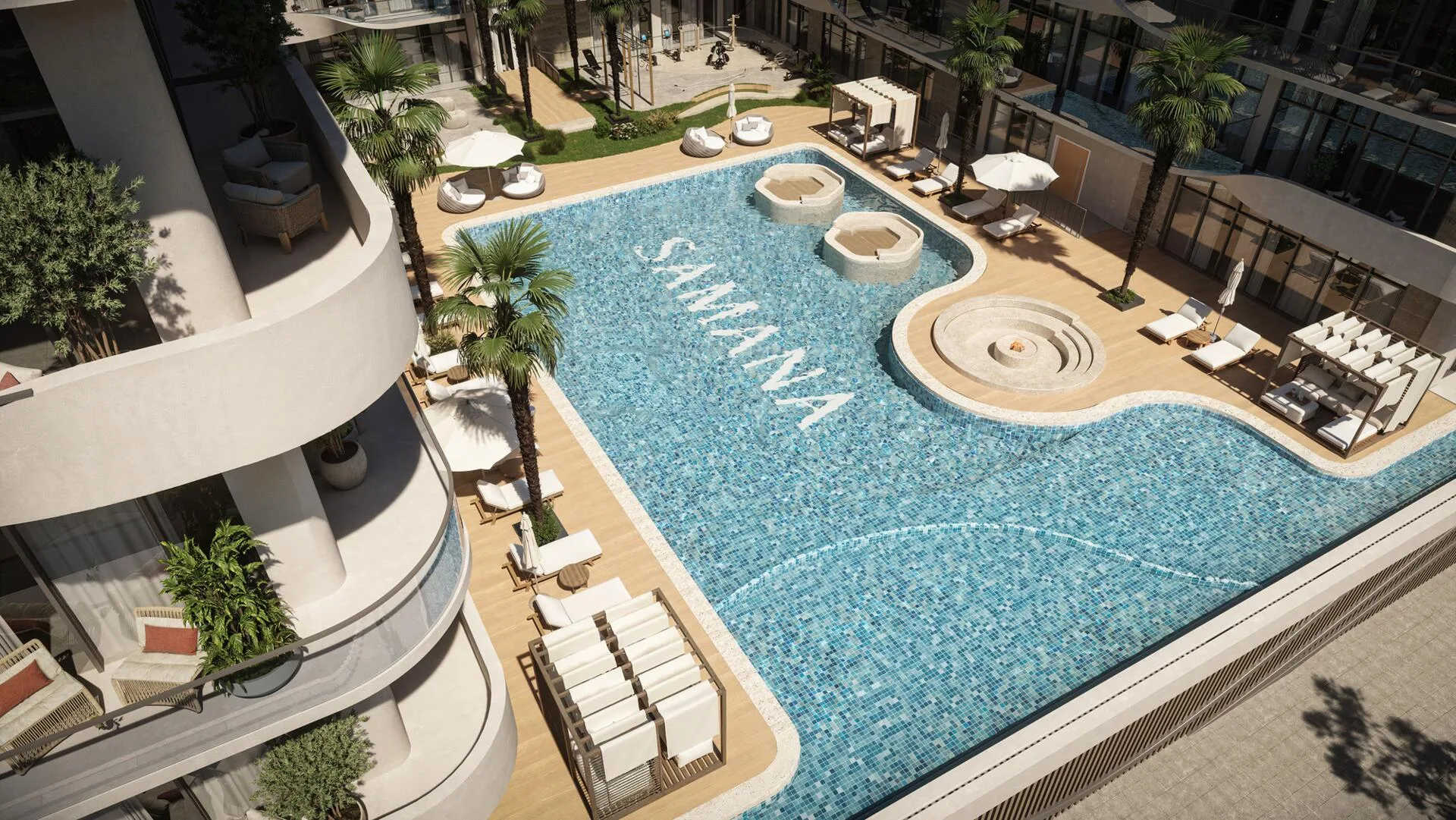Бассейн Samana Hills South 3 с высоты: палуба, шезлонги и пальмы