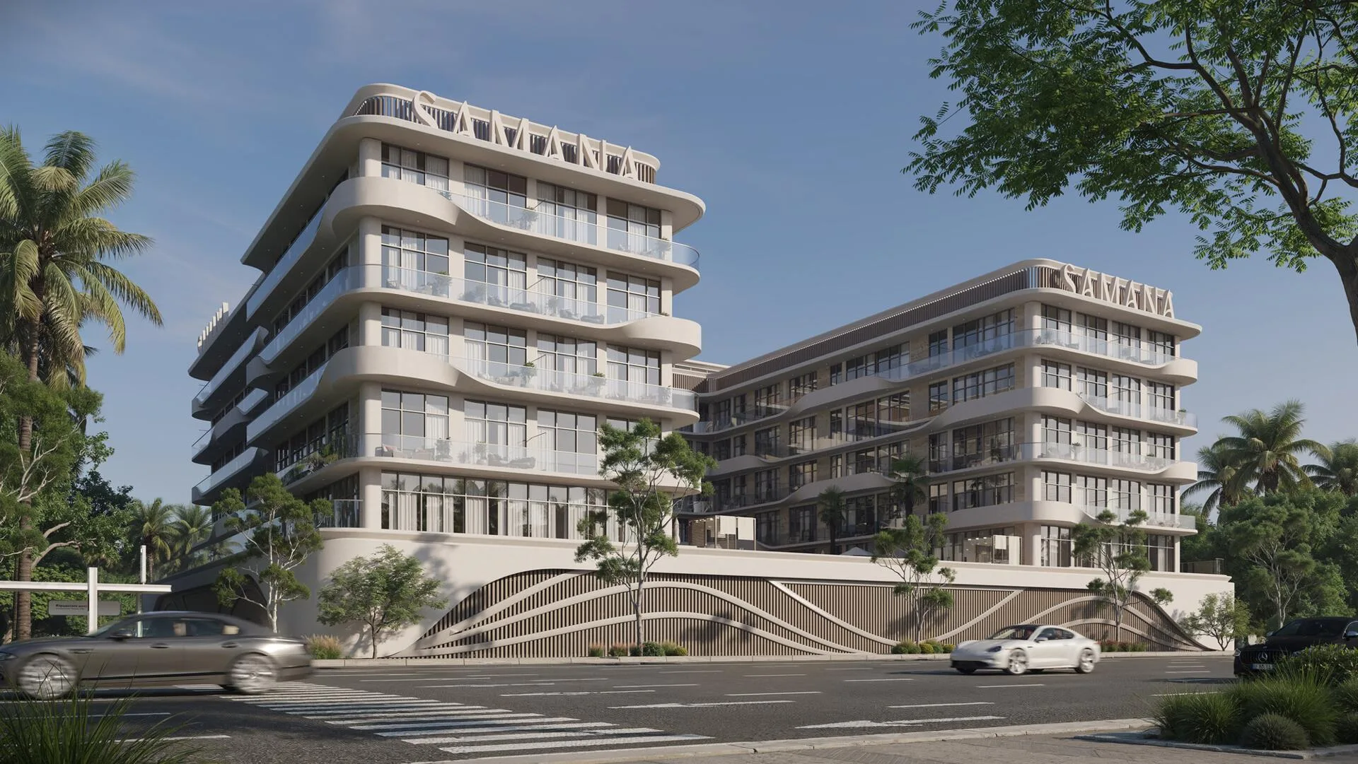 Samana Hills South 3 с угла улицы: светлые фасады с балконами