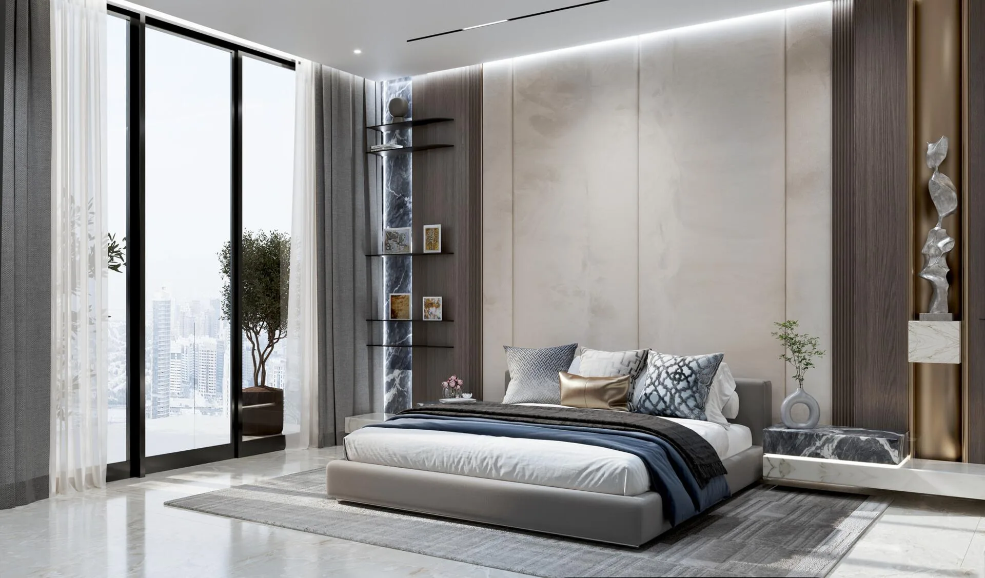 Спальня с окном в пол в квартире Samana Hills South 3