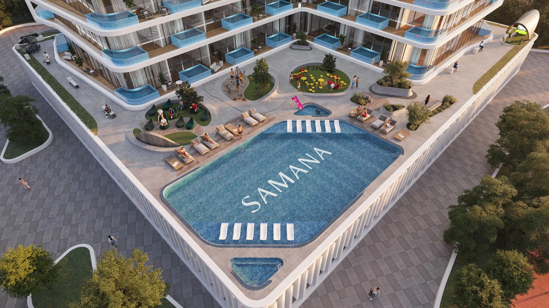 Бассейн Samana Ibiza сверху: шезлонги и балконы с бассейнами
